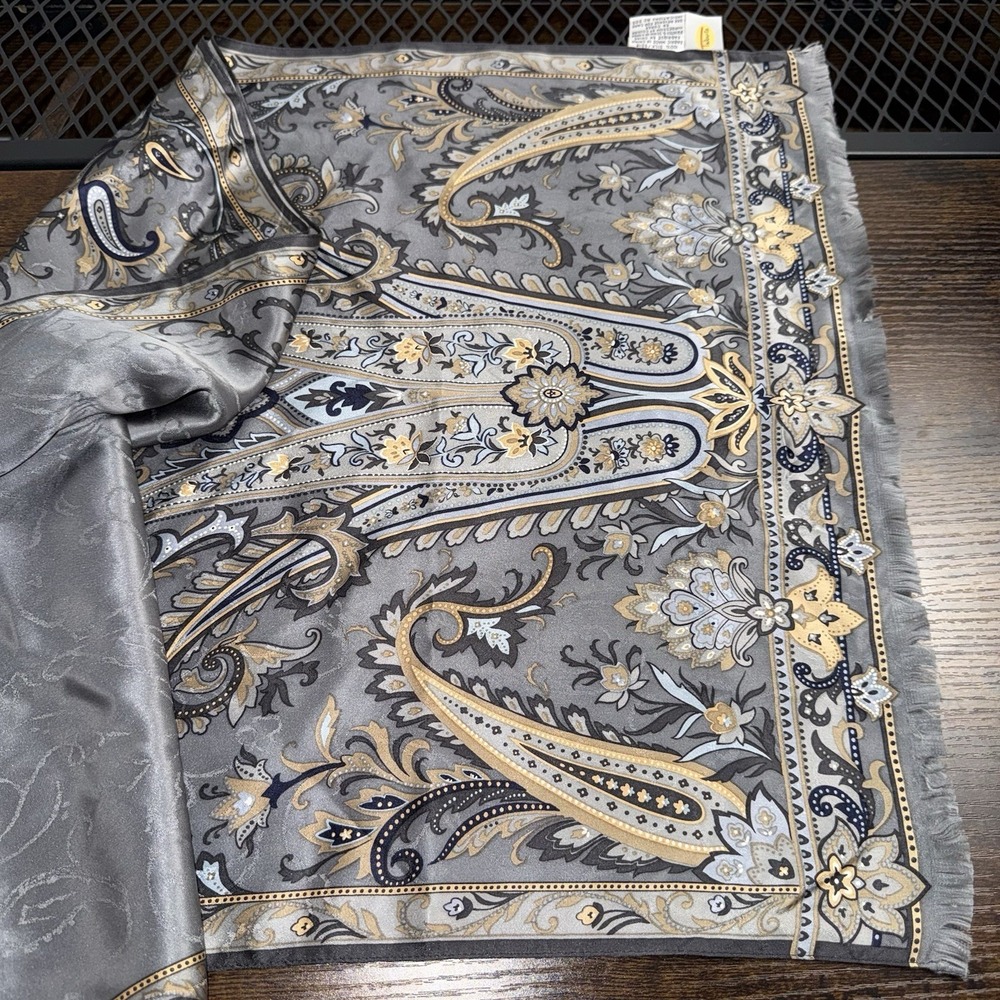 Vintage Talbots 100% Silk Paisley Scarf Shawl Gray Gold Blue Fringe Wrap 16x60